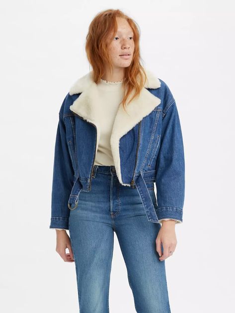 Cocoon Bomber Jacket - Medium Wash | Levi's® US Sherpa Moto Jacket, Sherpa Trucker Jacket, Biker Denim, Sherpa Lined Denim Jacket, Aviator Style, Flight Jacket, Loose Jeans, Gap Denim, Jeans Bootcut