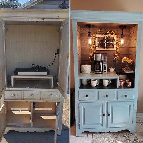 Repurposed Coffee Bar, Painting Dressers, Restore Furniture, Repurpose Furniture, Heirloom Traditions Paint, Hutch Makeover, Diy Coffee Bar, Heirloom Traditions, Chabby Chic