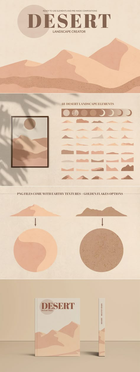 This landscape creator was inspired by entrancing desert landscapes. Ready to use textured elements and pre-made compositions. Perfect for cards, posters, wall art, modern art projects, moodboards, branding identity, social media accounts promotion (Instagram, Pinterest, blog) and for many more. Desert Font Design, Desert Packaging Design, Desert Design Ideas, Desert Landscape Illustration, Camper Artwork, Desert Graphic Design, Architecture Theatre, Desert Branding, Manga Effects