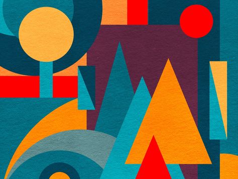 Abstract Landscape in Geometric Patterns by Jen Du Geometric Shapes Art, Tableau Pop Art, Geometric Design Art, Abstract Geometric Art, Pop Art Painting, Graphic Design Pattern, Shape Art, Simple Art, Abstract Artists