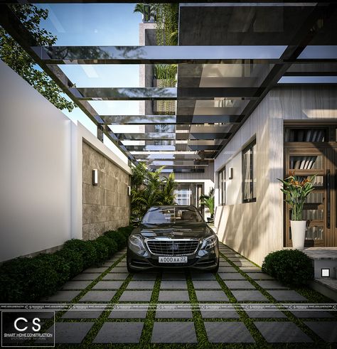 Carpark Design House, Car Porch Garden Ideas, Car Park With Garden, Modern Car Porch Design, Modern House Porch Design, Parking Front Of House, Tile Front Porch Entrance Modern, Garage Architecture Design, Front Car Porch Design