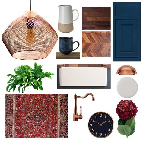 Blue Kitchen With Copper Accents, Navy Blue And Copper Kitchen, Boho Blue Kitchen, Navy Blue And Rust Living Room, Blue Kitchen Mood Board, Navy And Copper Kitchen, Blue And Copper Kitchen, Container Interior, Awesome Kitchens