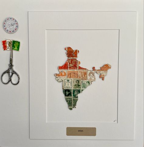 Map of India created using recycled postage stamps. 12x10 Unframed Art Map Of India, India Map, India Country, Quirky Decor, Postage Stamp Art, India India, Vintage Postage Stamps, Country Maps, Vintage Postage