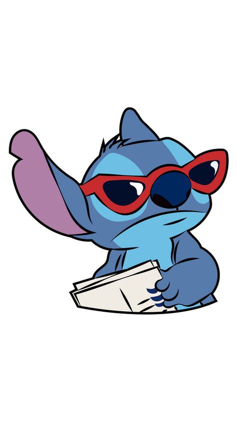 What do you think - what is this blue little koala-like alien doing in our fanart Stitch in Sunglasses Sticker? Look closely, and you can notice a newspaper and sunglasses - Stitch is a spy! We don't... Stitch White Background, Stitch With Sunglasses, Stitch Classroom Theme, Cute Stitch Drawings, Stitch With Glasses, Drawing Ideas Stitch, Cartoon Stickers Aesthetic, Stitch Disney Cute, Stitch Sunglasses