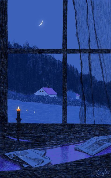 Digital illustration, cottagecore candlelight moonlight rural night scene متحف فني, Cozy Cottagecore, 동화 삽화, Night Illustration, Night Scene, Blue Hour, Night Art, Winter Art, 그림 그리기