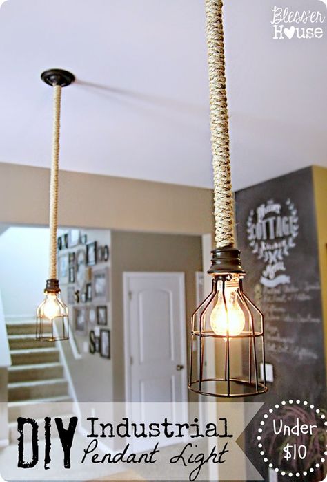 DIY Home Decor | Upgrade your existing builder's grade pendants to industrial caged fixtures for about $10! Blesser House, Diy Industrial Lighting, Jar Projects, Industrial Diy, Diy Pendant Light, Diy Lampe, Industrial Light, Industrial Style Lighting, Total White