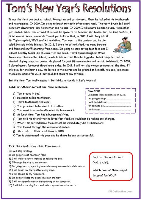 Tom's new year's resolutions - English ESL Worksheets for distance learning and physical classrooms English Conversation Worksheets, Revision Board, My New Years Resolution, Esl Reading, Reading Comprehension Lessons, English Teaching Resources, New Years Activities, Reading Test, True Or False