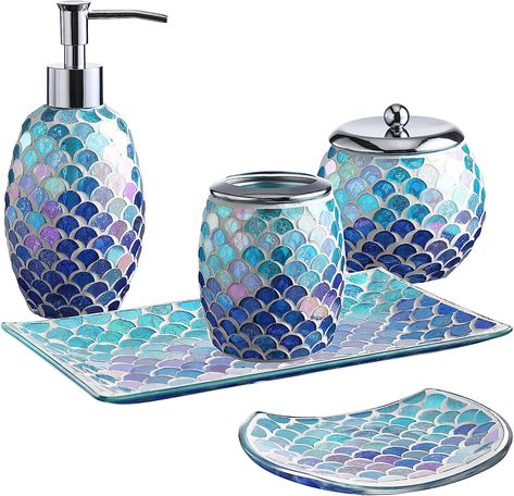 Mermaid Bathroom Decor, Glass Bathroom Accessories, Glass Mermaid, Mermaid Bathroom, Mosaic Bathroom, Bathroom Accessories Sets, Bathroom Accessory Sets, Blue Mosaic, Bathroom Soap Dispenser