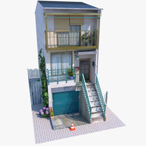 ArtStation - Japanese Narrow House Japanese Apartment Exterior, Japanese House Plan, Japanese Home Exterior, Small Japanese House, House Sims 4, Sims 4 House, Narrow House Designs, Asian House, Apartment Exterior