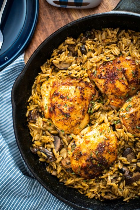 Chicken And Mushroom Orzo, Chicken Mushroom Orzo, Mushroom Orzo, Chicken Thigh Seasoning, Chicken Thighs Mushrooms, Risotto Dishes, Pan Chicken Recipes, Chicken And Mushroom, Pinch Of Nom