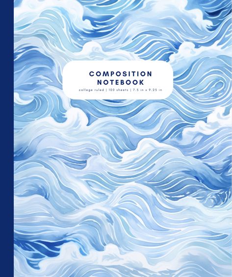 Composition Notebook College Rules: Blue Waves Watercolor: Preppy Aesthetic Blue Notebook Cover, Notebook Cover Design Creative, Templates Notes, Blue Book Cover, Aesthetic High School, Watercolor Composition, Waves Watercolor, Goodnotes Covers, Goodnotes Cover