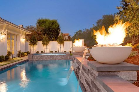 Essential Guide to Choosing Garden Fountains and Water Features — Boxhill & Co., LLC Granite Fire Pit, Pool Kings, Landscaping Backyard, Large Fire Pit, Fire Pots, Glass Fire Pit, Fire And Water, Pool Waterfall, Backyard Camping