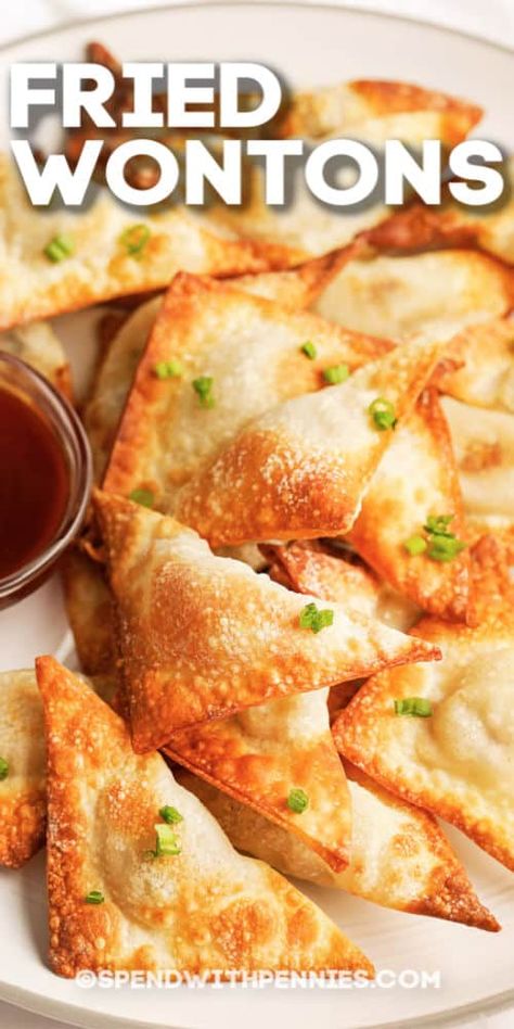 Fried wontons are a super easy appetizer! These crispy wontons are filled with a homemade pork filling and deep-fried on the stove or fried in the air fryer for the perfect snack. #spendwithpennies #friedwontons #airfryer #deepfried #appetizer #easyfriedwontons #crispyfriedwontons Wonton Filling Recipes, Crispy Wontons, Deep Fryer Recipes, Super Easy Appetizers, Deep Fried Recipes, Fried Wontons, Wonton Recipes, Spend With Pennies, Wontons