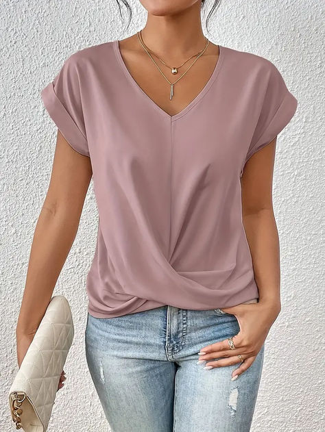 Knot V Neck T shirt Casual Short Sleeve T shirt Spring - Temu Blouses Outfit, Twist Blouse, Casual Wear Women, Layering Outfits, Look Casual, Outfit Casual, Blouse Design, Casual Look, Everyday Wardrobe