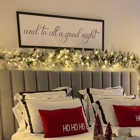 My Christmas on Instagram: "A cozy bedroom decorated for Christmas using Pre Lit Flocked Pine Garland over the bed head and a Lit flocked tree either side of the bed as bedside lamps. The adorable sign made by @festivelivingroom really finishes off the room so perfectly. To see Catherine’s bedroom reveal, you can watch the replay on Facebook. 👇🏼 www.Facebook.com/mychristmas.com.au #mychristmasdesign #christmasbedroom #bedroom #bedroomdecoration #bedroomforchristmas #christmasbedroomdecor #christmasbedroomaesthetic #bedroomaesthetic #monochromebedroom #monochromechristmas #flockedgarland #flockedtree #bedside #garland #garlands #christmasgarland #christmastree #flockedchristmastree #christmastreelights #garlandlights #christmasiscoming #decoratingforchristmas #christmashome #christmasho Garland On Bed Headboard, Christmas Garland On Bed Headboard, Garland On Headboard, Bedroom Decorated For Christmas, Bedroom Wall Decor Above Bed, Wall Decor Above Bed, Monochrome Bedroom, Flocked Tree, Bedroom Scene