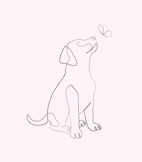 Dog With Butterfly On Nose Drawing, One Line Drawing Animals, Line Art Dog Tattoo, Puppy Line Art, Dog Outline Drawing, Line Drawing Dog, Dog And Butterfly, Dog Outline Tattoo, Dog Line Art Tattoo