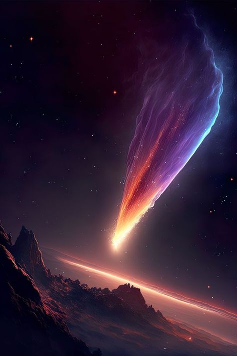 dramatic shot of a comet, with a bright, glowing tail trailing behind it as it travels through space, iphone wallpaper, phone wallpaper Space Reference Photos, Comet Character Design, Comet Aesthetic, Comet Art, Planet Painting, Space Photography, Planets Wallpaper, Space Fantasy, About Space