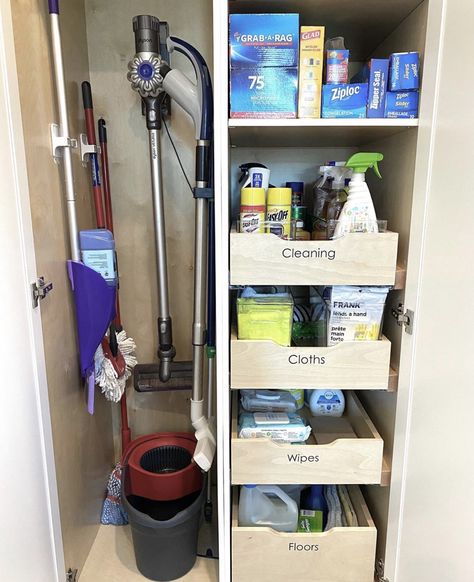 Organizing Cleaning Supplies, Cleaning Cupboard, Cleaning Closet Organization, Broom Storage, Utility Cupboard, Cleaning Supply Storage, Cleaning Cabinets, Utility Closet, Hallway Closet