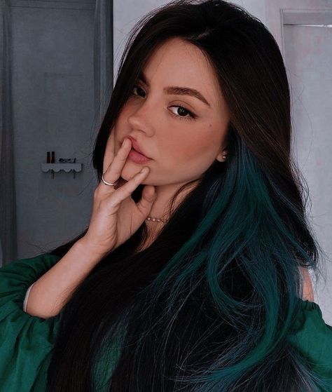 Green Hair Streaks Highlights, Dark Green Hair Streaks, Black Hair With Green Streaks, One Strand Of Color In Hair, Black And Turquoise Hair, Pop Of Color Hair, Green Hair Streaks, Blue Hair Streaks, Black And Green Hair