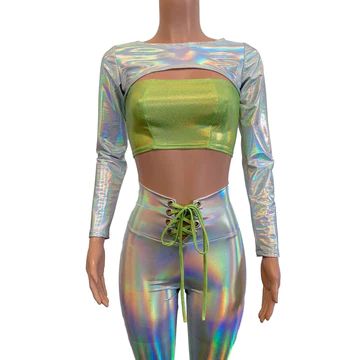 Rave Leggings, Outfit Dance, Space Costumes, Lgbtq Clothing, Holographic Iridescent, Bolero Top, Sleeve Bolero, Alien Costume, Bubble Party