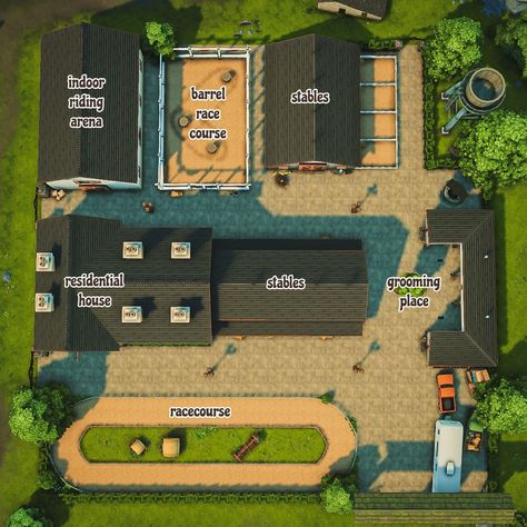 Sims 4 Houses Layout Ranch, Ranch Building Plans, Minecraft Horse Stables Blueprints, Small Horse Ranch Layout, Ranch Design Layout, Sims 4 Animal Shed, Western House Layout, Horse Ranch Floor Plans, Sims 4 Modern Horse Ranch