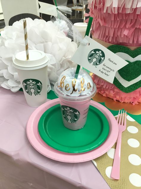 Pink Starbucks Party Ideas, Pink Starbucks Birthday Party Ideas, Pink Starbucks Birthday Party, Pink Starbucks Party, Bday Sleepover, Cheerleader Birthday Party, Starbucks Birthday Party, 12th Birthday Party Ideas, Cheerleader Birthday