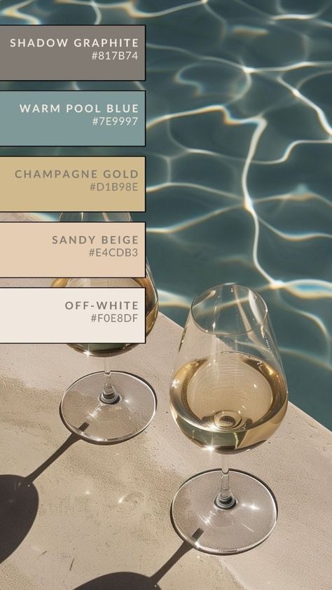 Color Palette Champagne, Blue And Gold Color Palette, Poolside Aesthetic, Luxurious Branding, Luxury Color Palette, Relaxing Home Decor, Elegant Color Palette, Summer Vibes Aesthetic, Beautiful Website Design