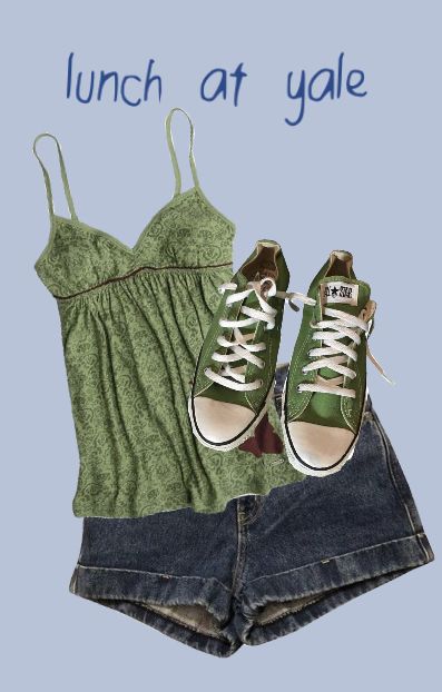 2010 Summer Outfits, Tank Top And Shorts Outfits, Green Tank Top Outfit, Downtown Outfits, Green Converse, Summer Fits, Swaggy Outfits, Dream Clothes, Retro Outfits