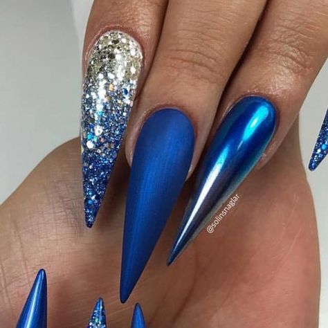 Stiletto Nails Design, Acrylic Stiletto Nails, Blue Stiletto Nails, Simple Manicure, Metallic Nails Design, Nails Grunge, Acrylic Nails Stiletto, Classy Acrylic, Long Stiletto