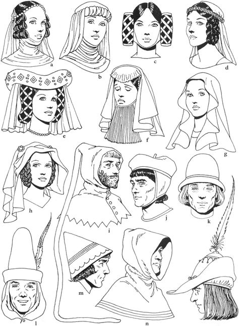 14th Century Headdress 70s Whimsigoth, Medieval Headwear, Princess Oc, Dnd Locations, Middle Ages Clothing, Zodiac Illustration, Tom Tierney, Historical Hats, Fashion Coloring Book