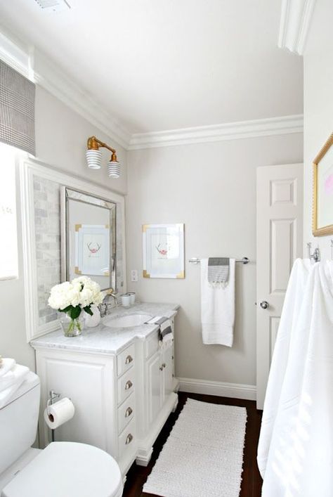 Benjamin Moore Calm Paint Color On Walls, Marble Bathroom Paint Colors, Restored Bathroom, Pale Oak Benjamin Moore, Benjamin Moore Bathroom, Pale Oak, Interior Paint Colors Schemes, Framed Tile, A Thoughtful Place