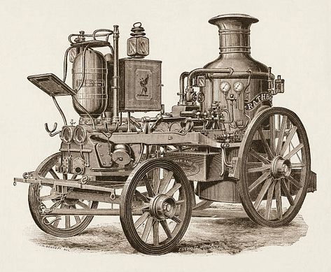 Illustration depicts a steam fire engine, 1885. A plaque on the engine states, 'Two gold medals, Paris, 1878,' while the box behind is depicts a cormorant (similar to a Liver bird, symbol of the city of Liverpool). (Photo by Stock Montage/Getty Images) Liver Bird, Bird Symbol, Steam Machine, Arte Steampunk, Heavy Machinery, Steam Engine, Fire Engine, Car Engine, Old Cars