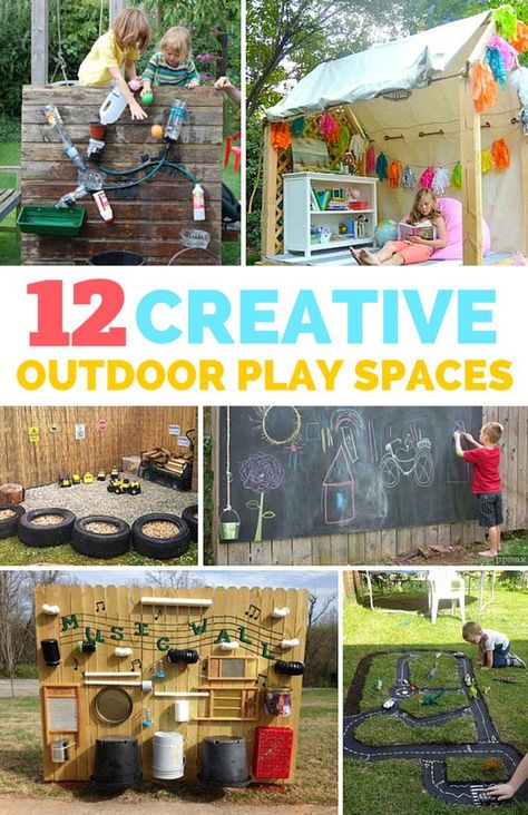 12 Creative Outdoor Play Spaces for Kids. So many fun and unique backyard play ideas for kids! Backyard Play Ideas, Play Ideas For Kids, Unique Backyard, Outdoor Kids Play Area, Outdoor Play Space, Outdoor Learning Spaces, Kids Play Spaces, Play Area Backyard, Backyard Kids Play Area