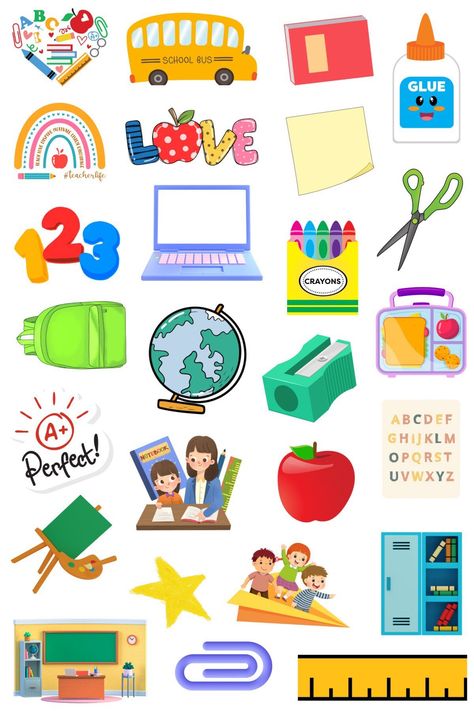 School Time.  26 individual stickers on the 4x6 matte sticker sheet.  School and Teacher stickers with school bus, ruler, apple and other goodies.  Would make a great Teachers gift.  Thanks for stopping by, have a great day. Cute Supplies For School, School Stickers Free Printable, Teachers Day Sticker, Teacher Planner Stickers, 4th Of July Stickers, July Stickers, Stickers For School, School Journal, Stickers School