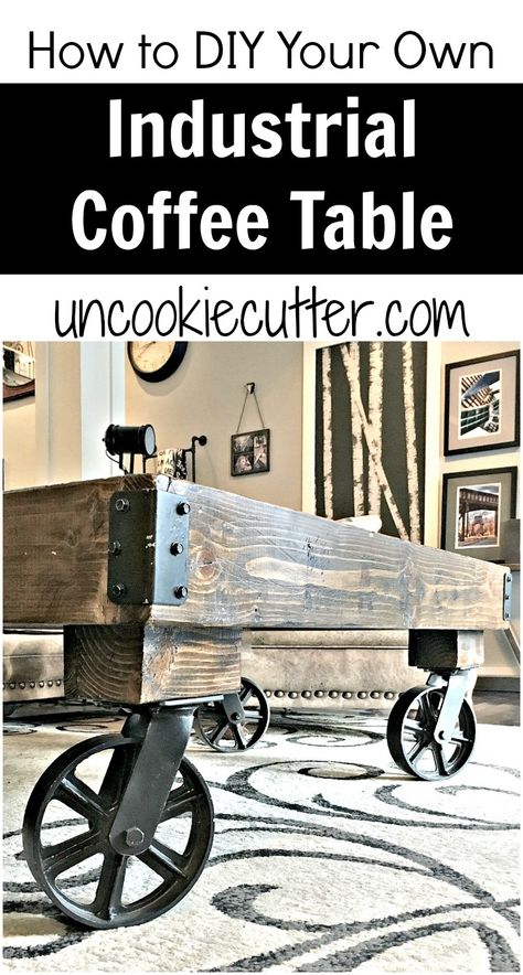 I updated this popular industrial coffee table to make it couch height. Stop by the blog to get all the details on this build and more at UncookieCutter! Diy Industrial Cart Coffee Table, Diy Industrial Coffee Table, Industrial Design Diy, Industrial Diy Decoration, Industrial Furniture Table, Industrial Coffee Tables, Rustic Industrial Coffee Table, Coffee Table With Casters, Diy Industrial Furniture