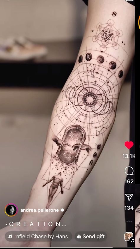 Geometric Universe Tattoo, Arm Tattoos For Guys Forearm, Science Tattoos, Celestial Tattoo, Geometric Sleeve Tattoo, Universe Tattoo, Small Pretty Tattoos, Geometric Tattoo Design, Bad Tattoos