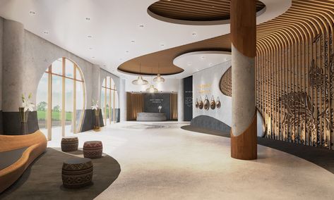 Coffee Museum on Behance Coffee Museum, Creative Exhibition, Hotel Lobby Design, Museum Interior, Lobby Interior Design, Study Project, Hospital Interior, Column Design, Lobby Interior