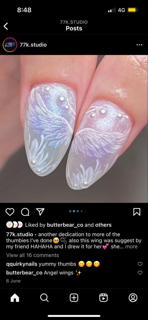 Wings Nails Design, Angelic Nail Designs, Angel Wings Nail Art Design, Angel Wings Nails Designs, Fallen Angel Nail Designs, Angel Wings On Nails, Angel Wing Nail Art, Angel Inspired Nails, Angel Wing Nail Design