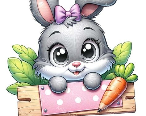 View Easter by ArtBySpridv on Etsy Easter Clipart Cute, Easter Drawing, Easter Bunny Cartoon, Bunny With Bow, Carrot Design, Easter Bunny Clipart, Easter Drawings, Bunny Clipart, Baby Animal Drawings