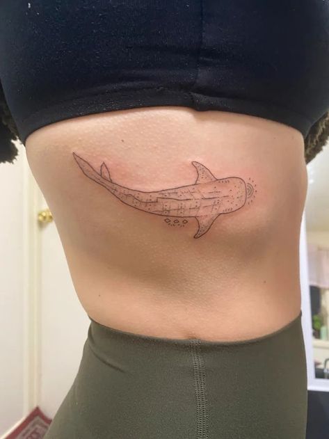 Whale Shark Tattoo Placement, Whale Shark Tattoo Ribs, Whale Shark Rib Tattoo, Fineline Whale Shark Tattoo, Shark Tattoo On Ribs, Ocean Sternum Tattoo, Shark Rib Tattoo, Sea Creature Tattoo, Surfer Tattoo