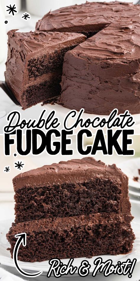 Double Fudge Cake, Fudgiest Chocolate Cake, Chocolate Fudge Cake Recipe Homemade, Fudge Brownie Cake Recipe, Double Fudge Chocolate Cake, Easy Chocolate Fudge Cake Recipe, Double Chocolate Fudge Cake, Boxed Chocolate Cake Recipes, Chocolate Fudge Cake Mix Recipes