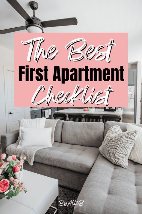 An Actual Checklist for Your First Apartment: 1. Kitchen Essentials 2. Bathroom Essentials 3. Bedroom Essentials 4. Cleaning Essentials New House Essentials List, House Essentials List, Move In Essentials, Apartment Checklist Essentials, Apartment Essentials List, New House Essentials, New Apartment Essentials, Move In Checklist, Apartment Hacks Organizing