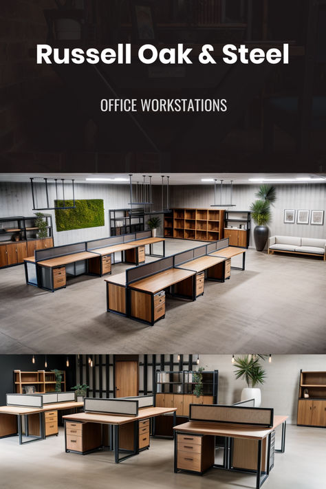 office workstations desks made from oak and steel Commercial Office Space Ideas, Warehouse Office Design Workspaces, Work Station, Steel And Wood Home Office Desk, Open Office Workstations, Linear Workstation Office Workspace, Office Modular Workstation, Warehouse Studio, Commercial Office Space