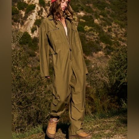 Free People Movement Mesmerize Me Coveralls In The Army Green Color. Brand New With With Tags, Perfect Condition. So Cool And Fun! On Trend One-Piece That Is Easy To Wear, Not The Noisy, Swishy Material But Still Super Soft. Embroidered Logo On Left Pocket, Logo Stamped On All Buttons And Zippers, Functional Utility Pockets In Back And Front, Black Writing With Logo On Sleeves And Pants When Cuffed With Free People Movement Written On A Navy Background In Silicone Gel So It Won't Rub Off, Snap C Jumpsuit Style, Coverall Jumpsuit, Utility Jumpsuit, Green Fits, Style Cargo, Green Jumpsuit, Free People Movement, Long Sleeve Jumpsuit, Fp Movement