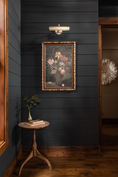 Farrow & Ball painted black shiplap walls are the perfect backdrop to show off unique and beautiful art pieces. Mountain Eclectic, Dröm Hus Planer, Home Office Inspiration, Dark Interiors, Cozy Interior, Home Fashion, Decoration Design, House Inspiration, My Dream Home