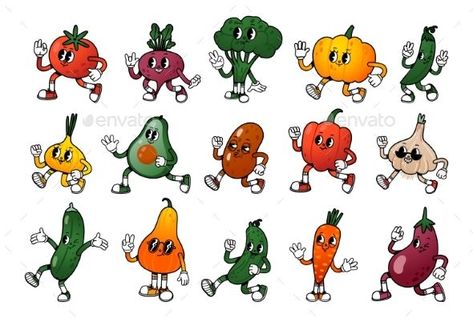 Vegetable Character Vegetable Character Illustration, Vegetable Character, Cute Tomato, Retro Mascot, Vegetable Cartoon, Design Resume, Food Cute, Rubber Hose, Retro Cartoon