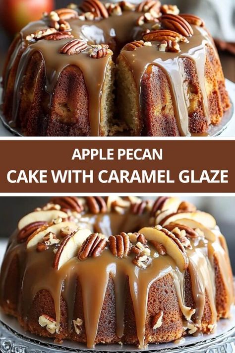 APPLE PECAN CAKE WITH CARAMEL GLAZE Caramel Glaze Recipe, Cream Cheese Bundt Cake, Apple Cream Cheese, Apple Spice Cake, Caramel Glaze, Homemade Caramel Sauce, Pumpkin Spice Cake, Pecan Cake, Apple Cake Recipes