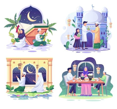 Ramadan Illustration Design, Eid Mubarak Illustration, Poster Agama, Muslim Illustration, Tri Fold Poster, Ramadan Illustration, Islamic Illustration, Charity Poster, Eid Mubarak Vector