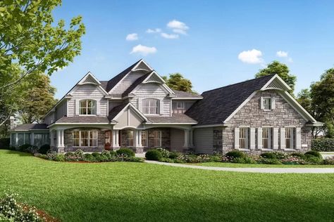 Luxury Craftsman Home Plan with Loads of Porch Space - 3917 Sq Ft - 73465HS | Architectural Designs - House Plans Corner Lot House Plans, Screened Porch With Fireplace, Porch With Fireplace, House Plans 2 Story, Porch Fireplace, Garage Floor Plans, Four Rooms, Country Craftsman, Houses Plans