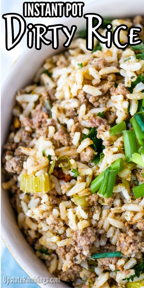 Quick & easy dinner idea - made with ground beef  - Instant Pot Dirty Rice is an easy one pot family dinner! This Cajun comfort food recipe is made with beef and rice and is just a little bit spicy. A tasty family dinner can be on the table in less than 45 minutes with just a few ingredients. Instant Pot Dirty Rice, Cajun Comfort Food, Dirty Rice Recipe, Beef Recipe Instant Pot, Ground Beef Rice, Beef Rice, Ground Beef Recipes Healthy, Dirty Rice, Easy Ground Beef